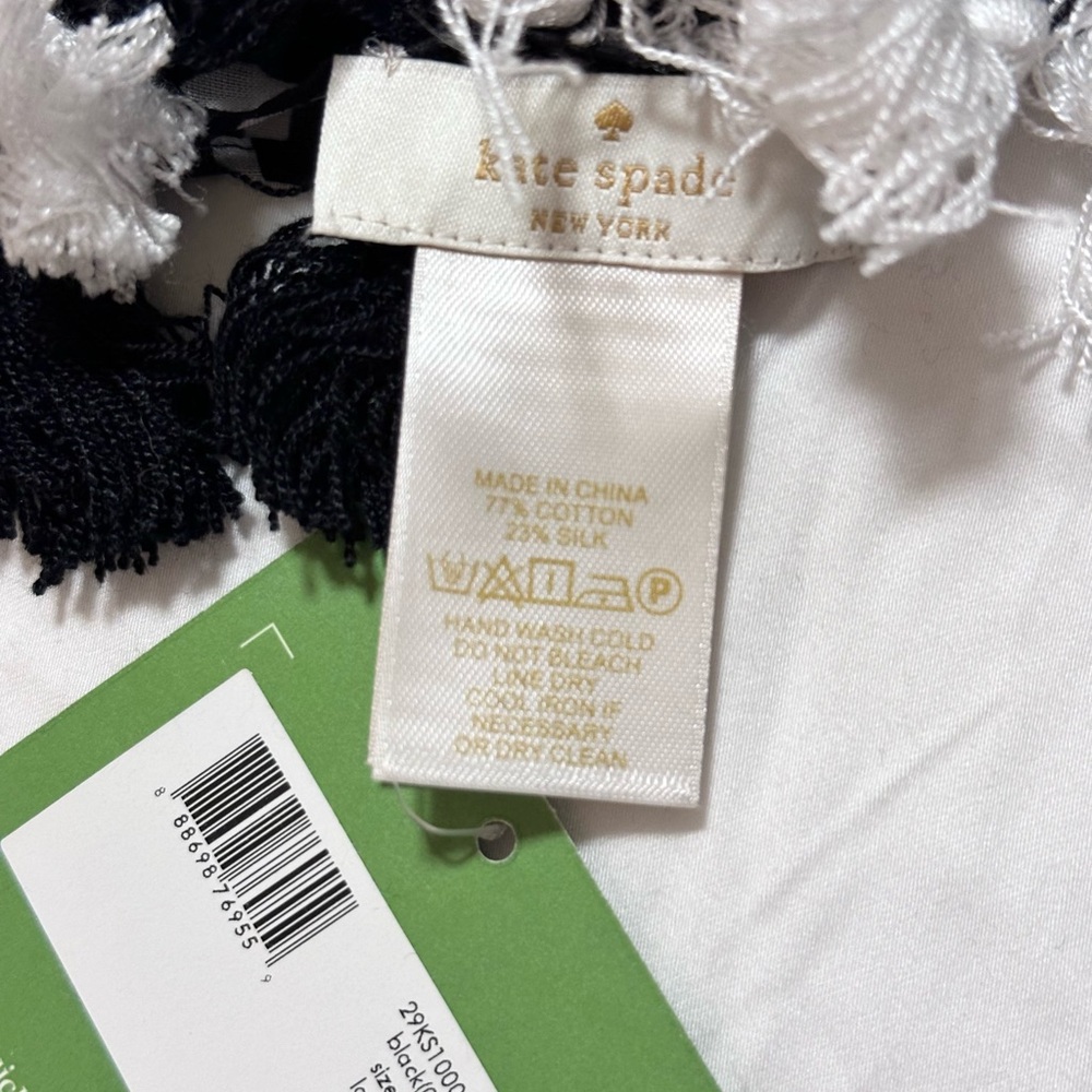 Kate Spade Cotton/Silk Black & White Tassel Scarf - Picture 4 of 4